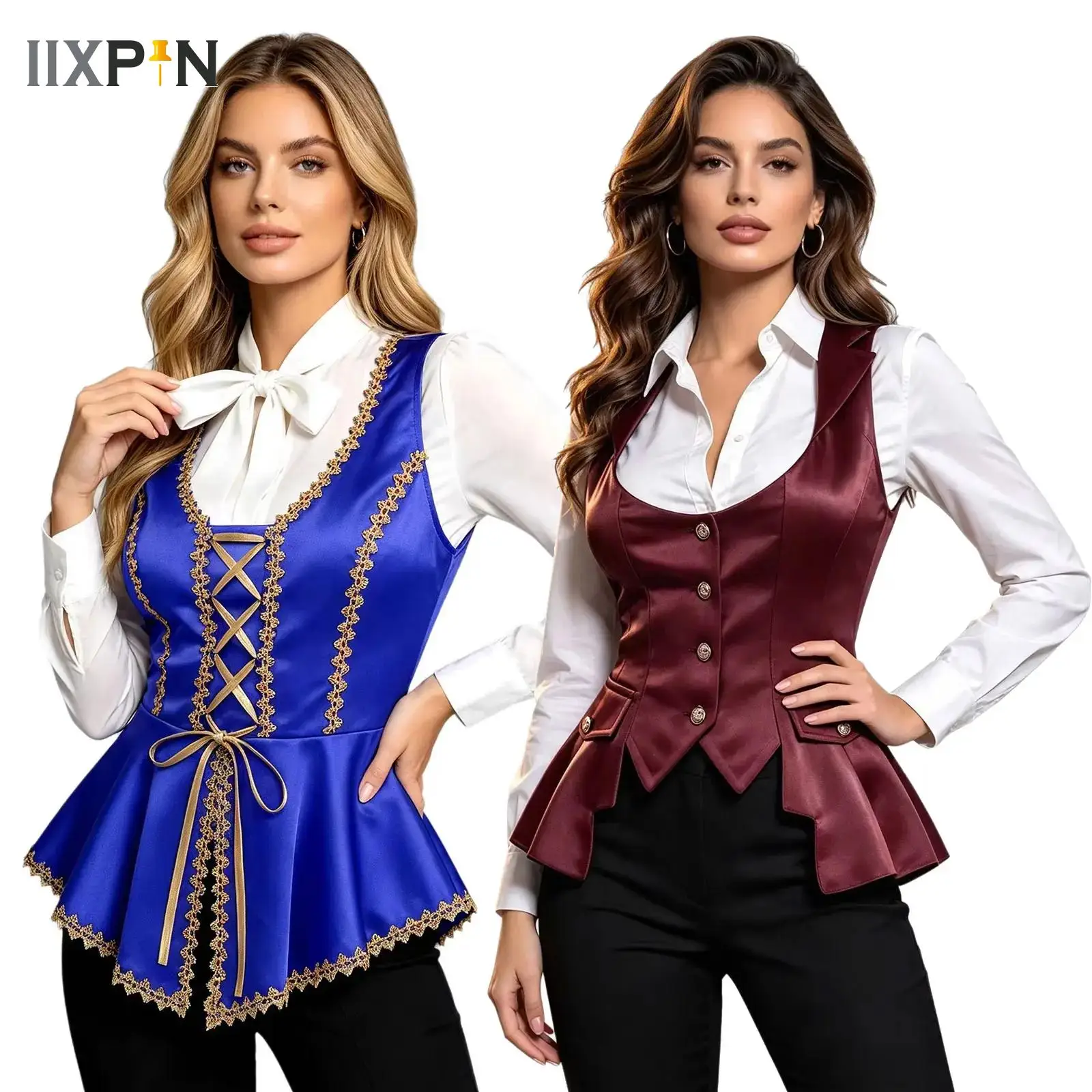 Women Victorian Satin Vests Steampunk Renaissance Waistcoat Jacket Top Sleeveless Tuxedo Vampire Witch Cosplay Gothic Outfits