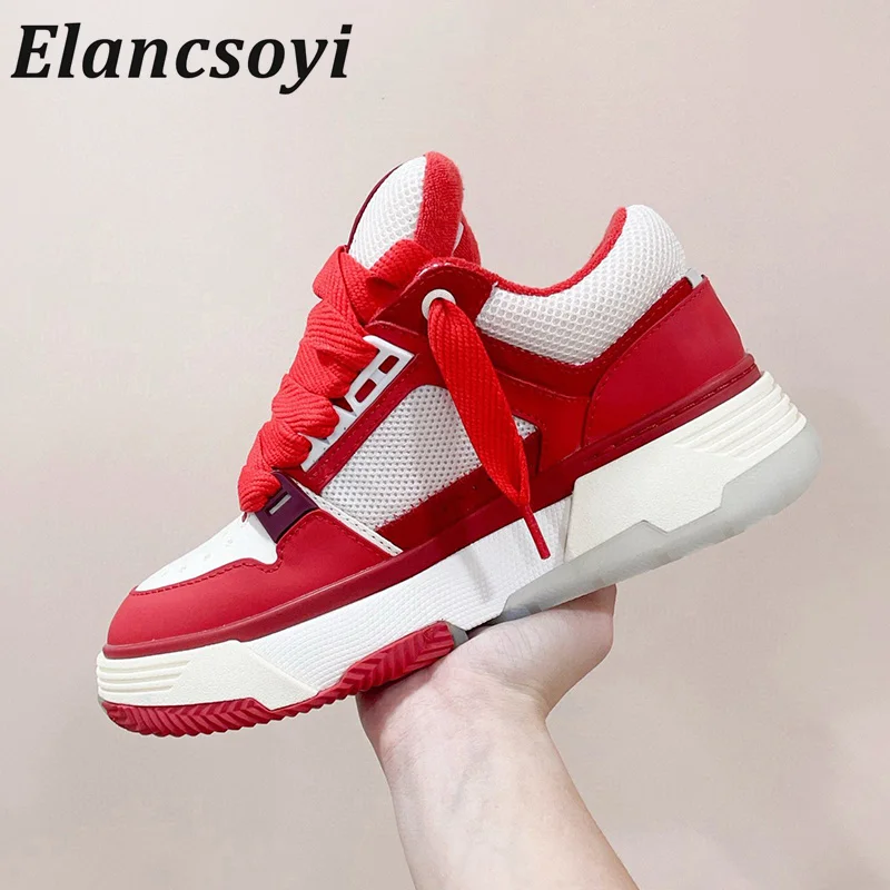 Genuine Leather Lace Up Round Toe Sneakers Thick Soled Breathable Tennis Shoes Spring Autumn Casual Shoes Walking Shoes Unisex