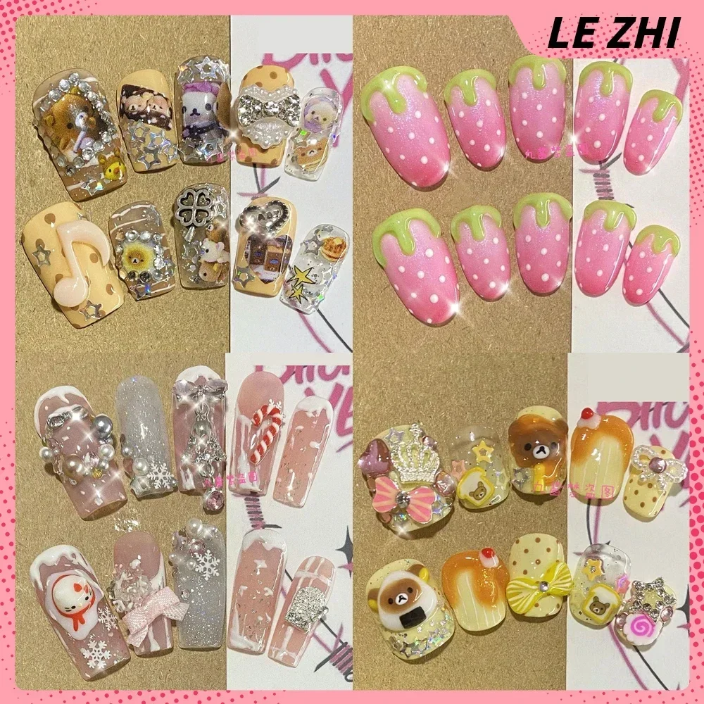 

Cute Handmade Y2K Press On Nails 3D Bear Snowflake Snowman Kt Cat Strawberries Customizable False Nails Party Gift