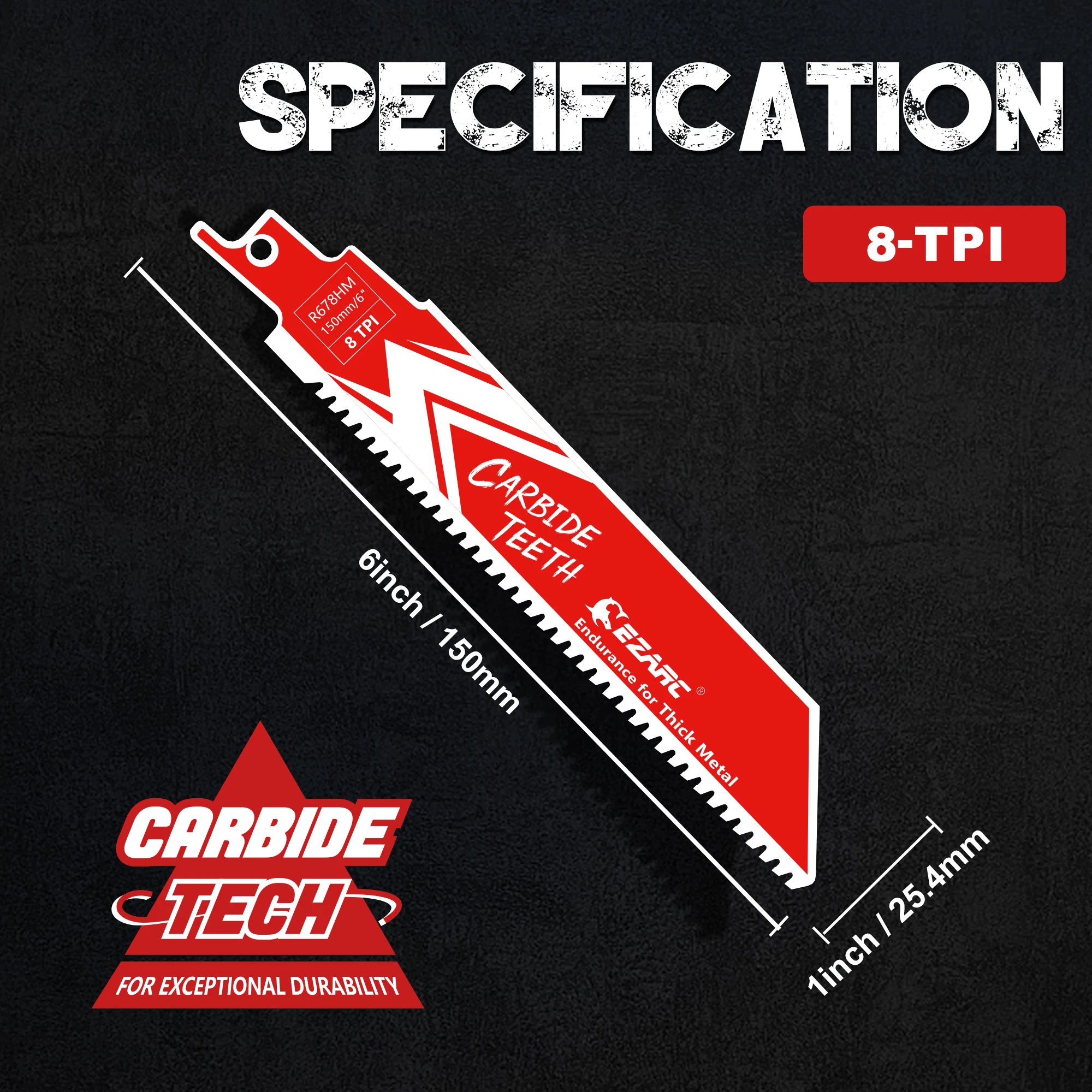 EZARC 6-Inch Carbide Reciprocating Saw Blades for Thick Metal, 10-Pieces 8TPI R678HM Cutting Blades for Cast Iron, Alloy Steel