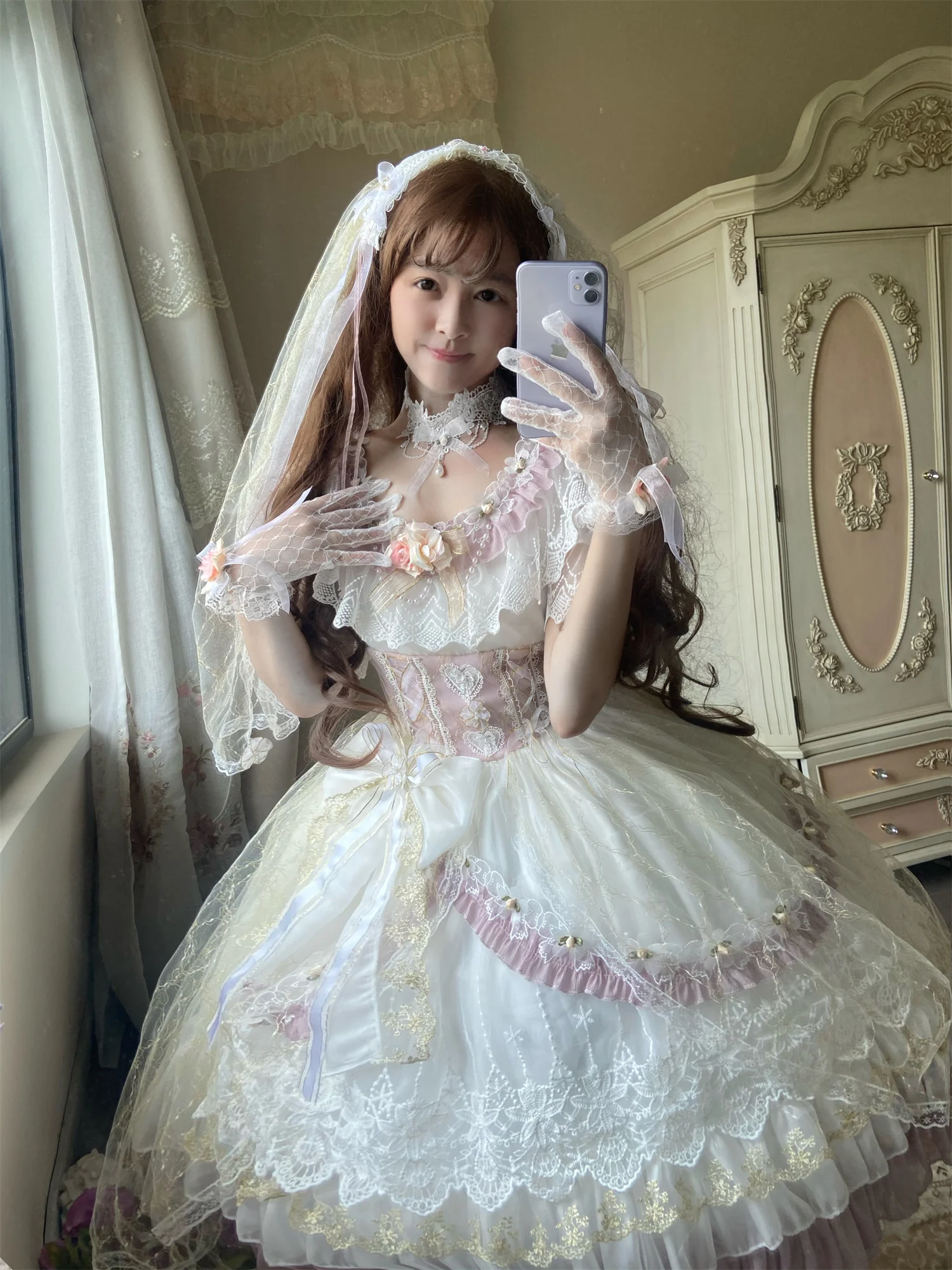 Retro Court Style Op Lolita Cosplay Elegant Girl Flower Wedding Tea Party Lace Flower Pearl Tunic Bow Ruffled Princess Dress