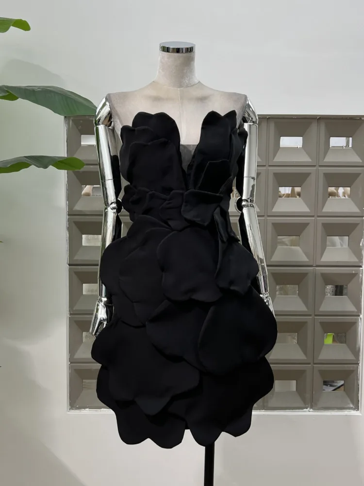 Dfdg designer feminino em camadas pétala bud vestido sem alças fino cor sólida suave romântico vestido de noite primavera verão pista 2025