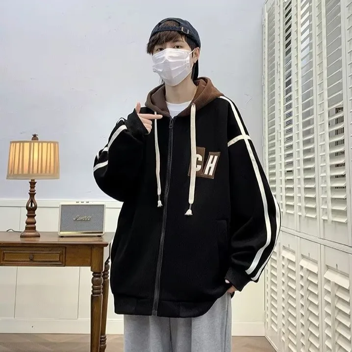 

Large Size Hooded Baseball Jaet Trendy Teenage Student Coat Autumn New Sle Polyester Fabric Casual Sle Men's Jaet