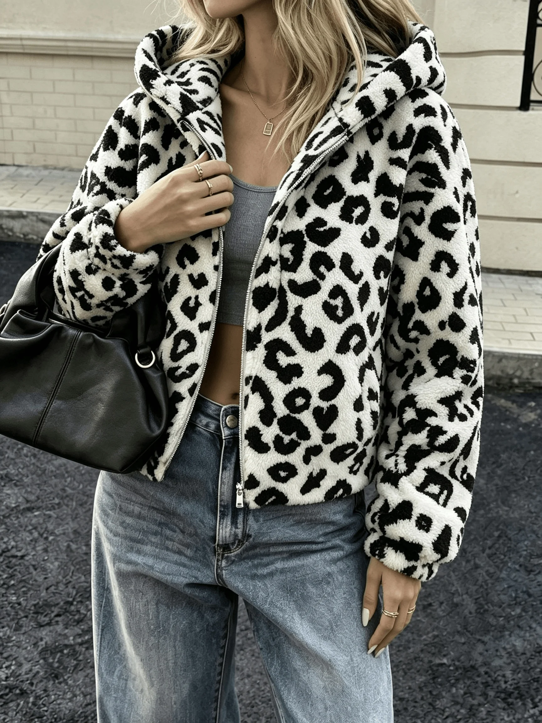 Elegant Directed Black White Leopard Print Hooded Lamb Fur Jacket Women's Short Loose Furry Zipper Jacket Retro Thick Warm Fur V