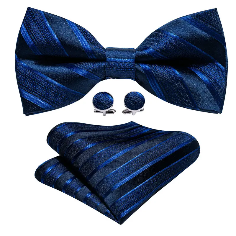 Barry.Wang Jacquard Striped Plaid Silk Mens Bow Tie Hanky Cufflinks Set Pre-Tied Bowtie Navy Blue Burgundy Mint Pink Lilac Green