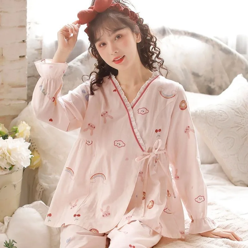 2023 New Pajama Women Spring Autumn Cotton V-neck Pullover Thin Long Sleeve Summer Cotton Loose Home Wear