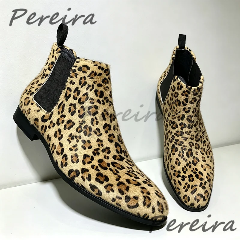 Horsehair Light Leopard Print Short Boots Handmade Genuine Leather Pointed Toe Chelsea Boots Fashion Party Men's High-Top Shoes