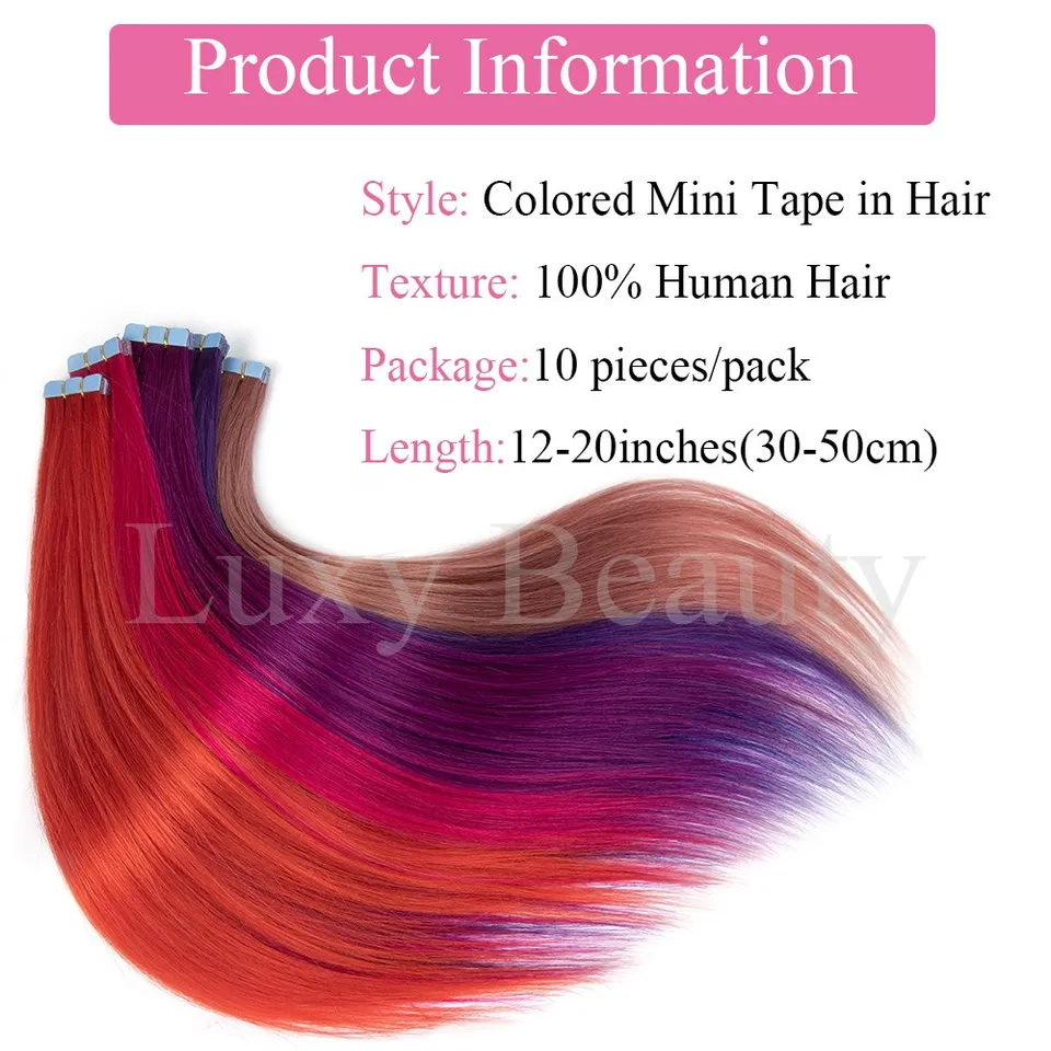 Extensiones de cabello humano en cintas mini de colores rosa, invisibles y sin costuras, 10 piezas en rojo, verde, morado y azul 4
