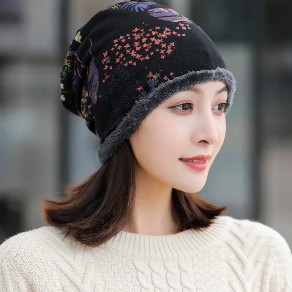 

Autumn Fashion Multifunctional Print Flower Soft Neck Warm Beanie Velvet Bonnet Bib Hats Women Hat