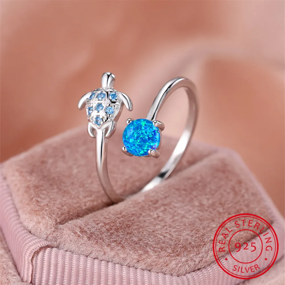 Blue Opal Stone Sea Turtle Ring Real 925 Sterling Silver Engagement Rings For Women Wedding Band Animal Jewelry