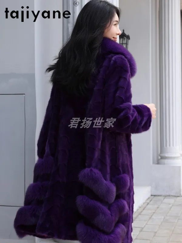 سترة من فرو المنك الطبيعي 100% من TAJIYANE معطف نسائي طويل أرجواني طويل من فرو المنك الحقيقي مع ياقة من فرو الثعلب ملابس شتوية للنساء 2025 #4