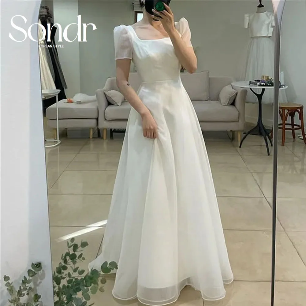 Sondr Elegant Square Neck Korea Garden Wedding Dresses Cap Sleeves Corset/Zipper Back Customized Organza Bride Gowns Party Bride