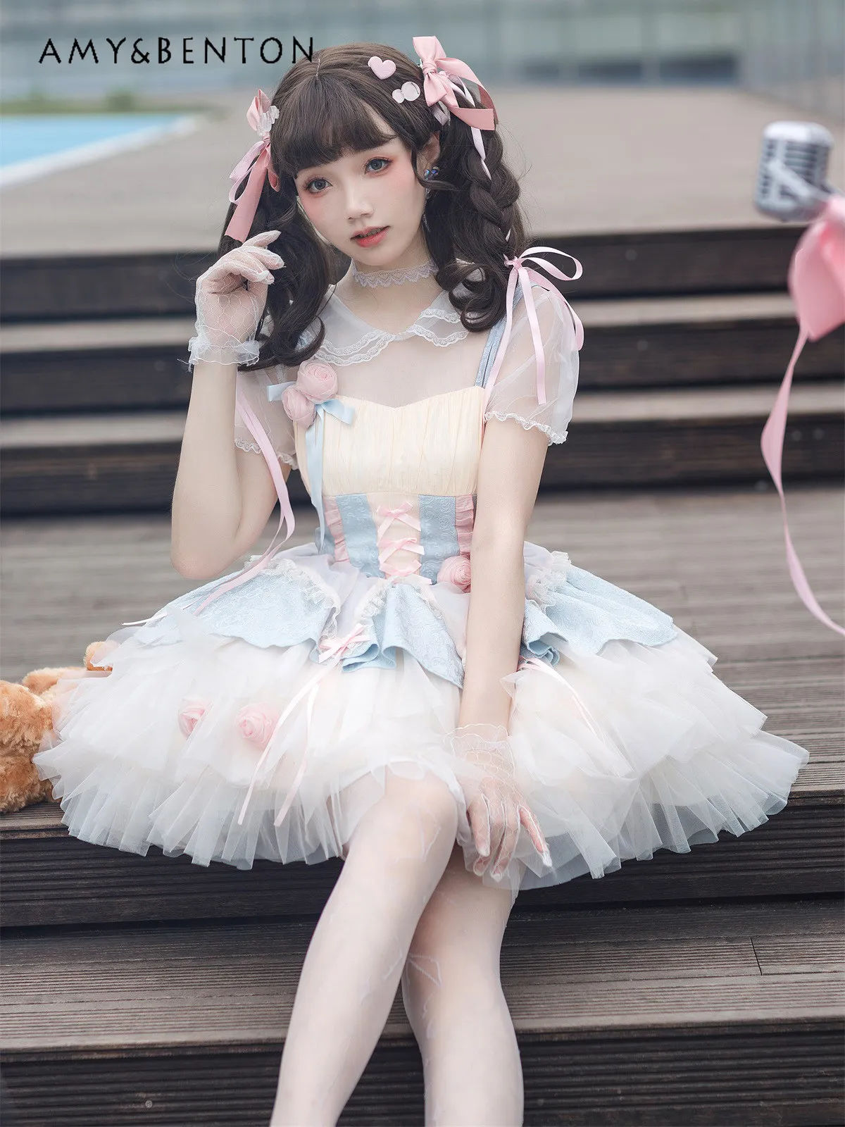 

2026 Summer New Japanese Style Sweet Cute Women's Blue & Yellow Floral Applique Slim Camisole Lolita Party Princess Dress