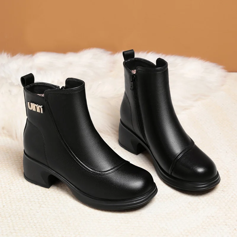 Autumn Winter New British Style Cotton Warm Women\'s Boots Round Toe Side Zipper Nude Thick Heel Plus Velvet Short Boots