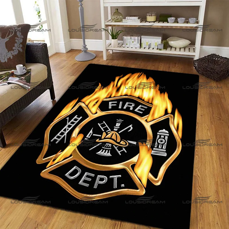 Skull and Fire Logo Decorative Carpet Square Firefighter Tools Flannel Rugs Modern Home Living Room Floor Mats Bedroom Carpet