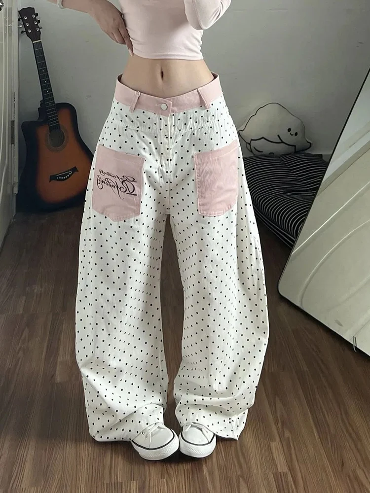 Streetwear Wide Leg Jeans Women Vintage White Polka Dots Patchwork Pants Summer Hottie Harajuku High Waist Casual Trouser New