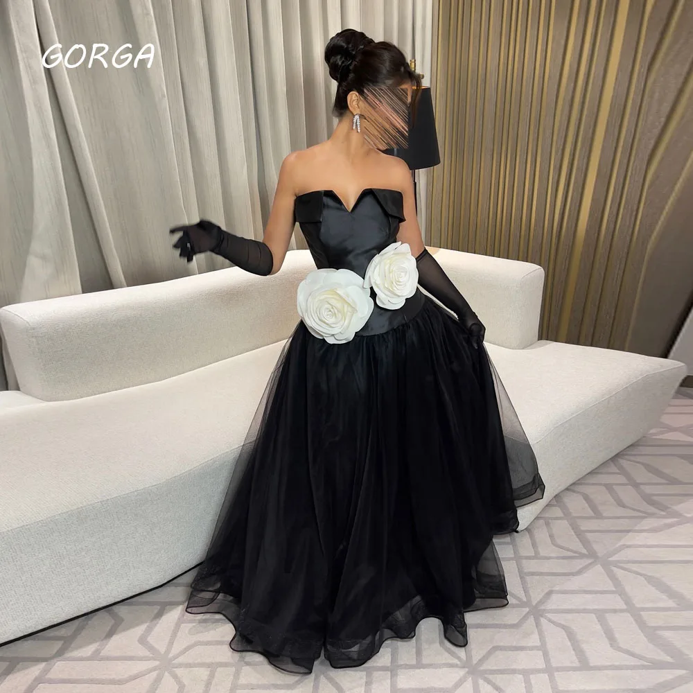 GORGA Black senza spalline Satin 3D Flowers a-line Prom dress 2024 Slim Backless Tulle abito da sera formale lungo fino al pavimento
