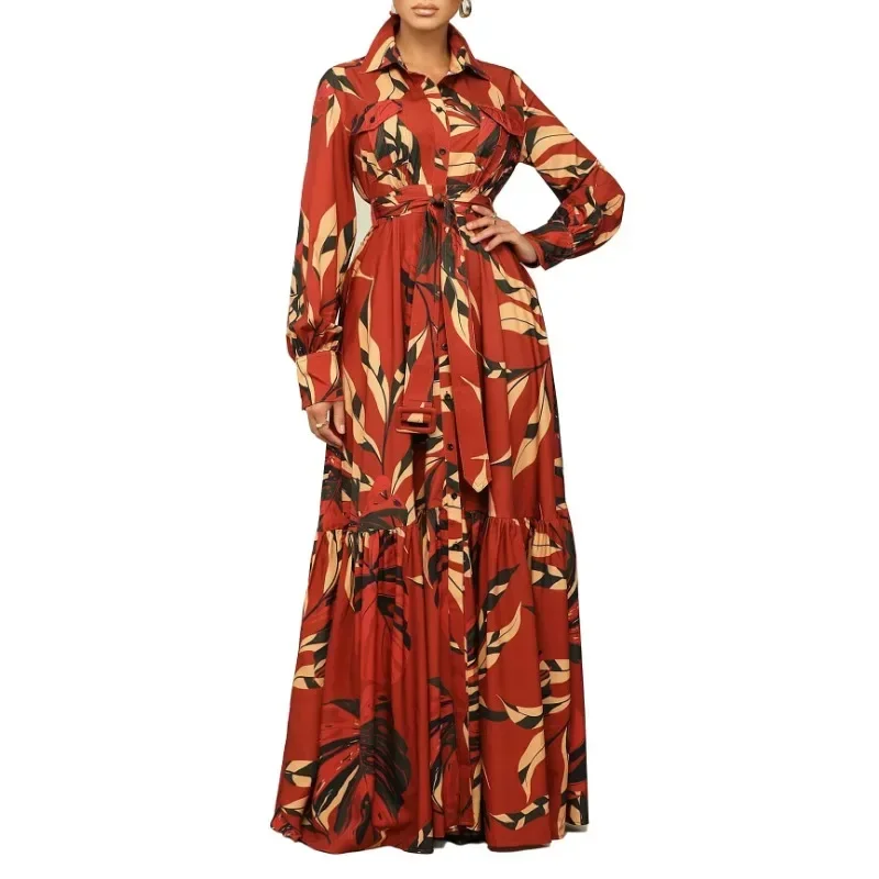 

Red Green Polyester Dresses for Women Spring Long Sleeve V-neck Print Long Maxi Dress Dashiki African Clothing S-3XL