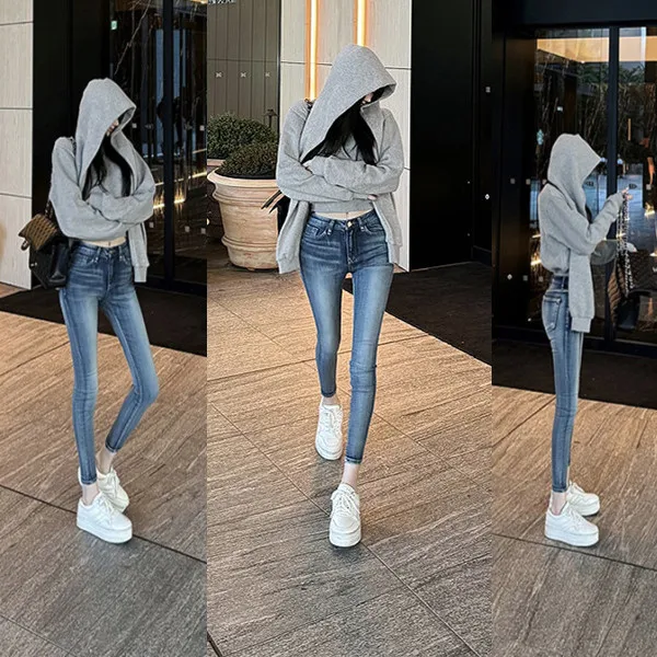 High Waist Cotton Stretch Denim Washed out Slim Fit Pencil Jeans Highlight Body Shape Vintage Style Spring Autumn Blue