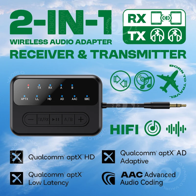 2 in 1 AptX Bluetooth Audio Receiver Transmitter AptX-Adaptive AD/HD/LL AAC 3.5MM AUX HiFi Music Multipoint Wireless Adapter