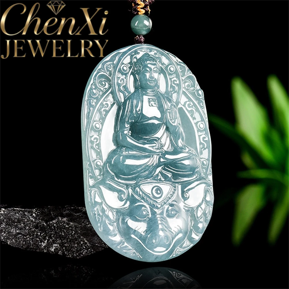 

Natural A-Grade Blue Water Ice-Grade Jadeite Jade Pendant Zodiac Pig Guardian Spirit Buddha of Birth Sign Amulet Fine Jewelry