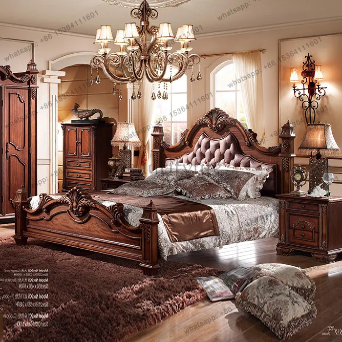 American country pillar bed 1.8 meters European master bedroom leather double bed villa solid wood carving furniture