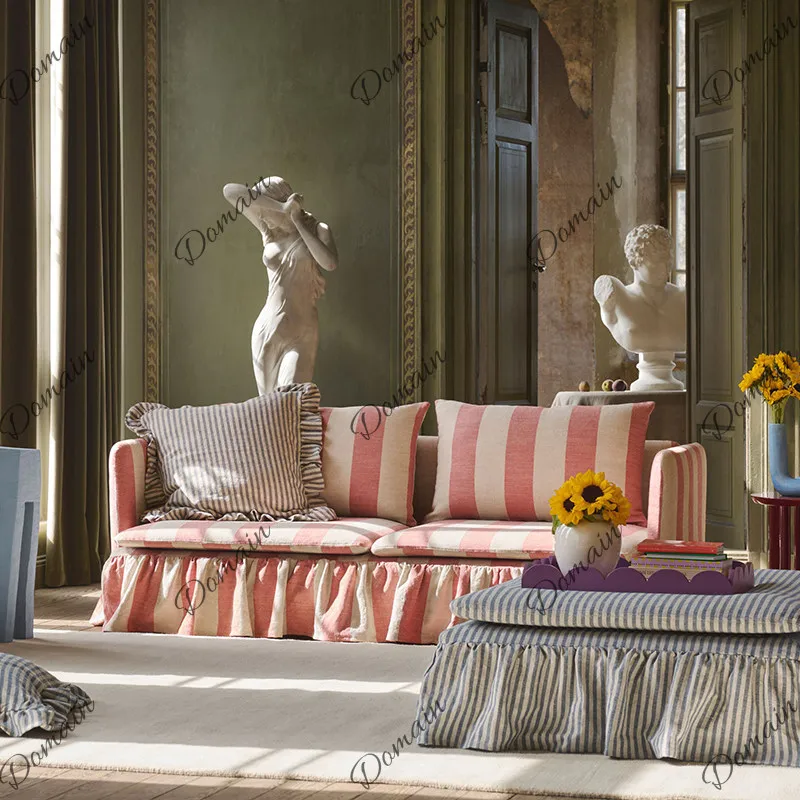 French retro fabric sofa living room small apartment pink striped sofa idyllic home solid wood straight sofa