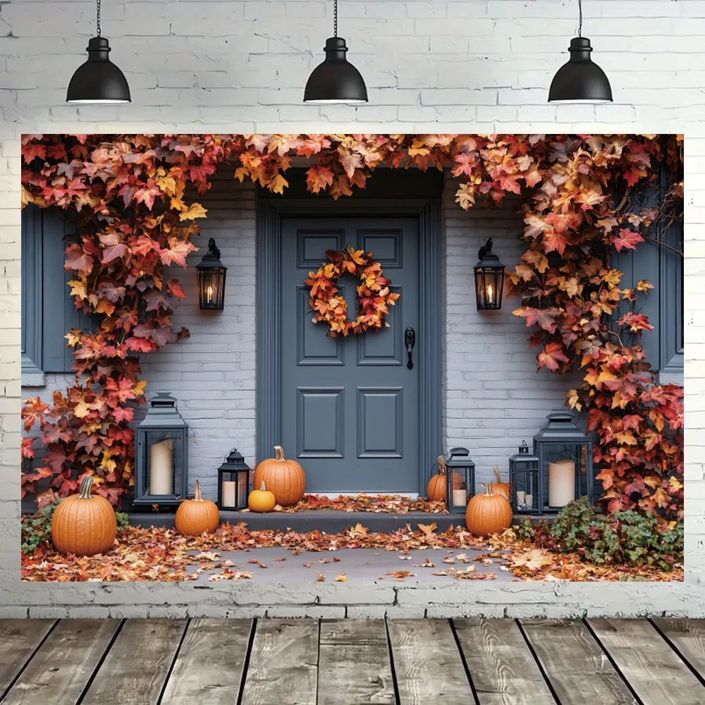 Autumn Halloween Porch Photography Background Pumpkin Fall Leaf Decoration Children's Holiday Photo Backdrop Studio Props Banner