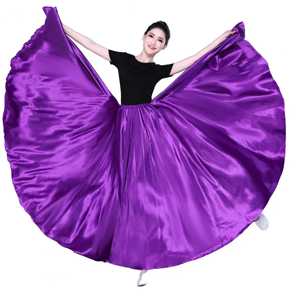 

Solid Color Skirt Elegant Satin Performance Skirt with Elastic Waist Pleated Hem for Spanish Dance Swing Dancing Belly Dance