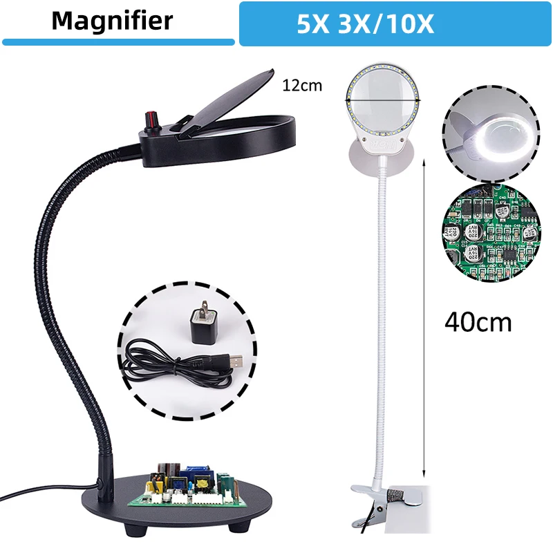 USB Illuminated Magnifier 5X 3/10X LED Magnifying Glass Flexible Desk For Soldering Iron Repair/Table Lamp/Skincare Beauty Tool