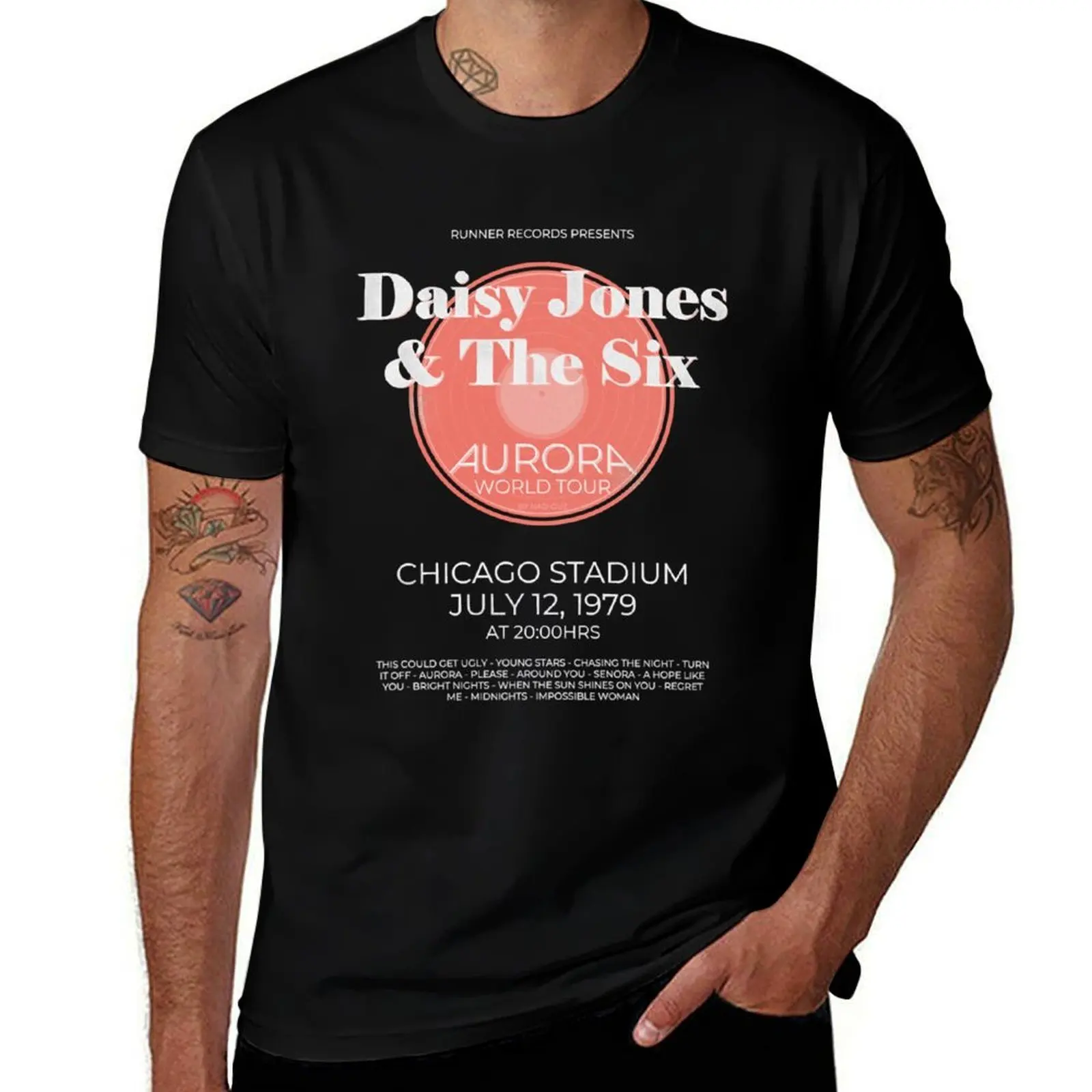 

Daisy Jones & The Six - Aurora World Tour Poster BL T-Shirt Basic Solid Tee for Daily Use