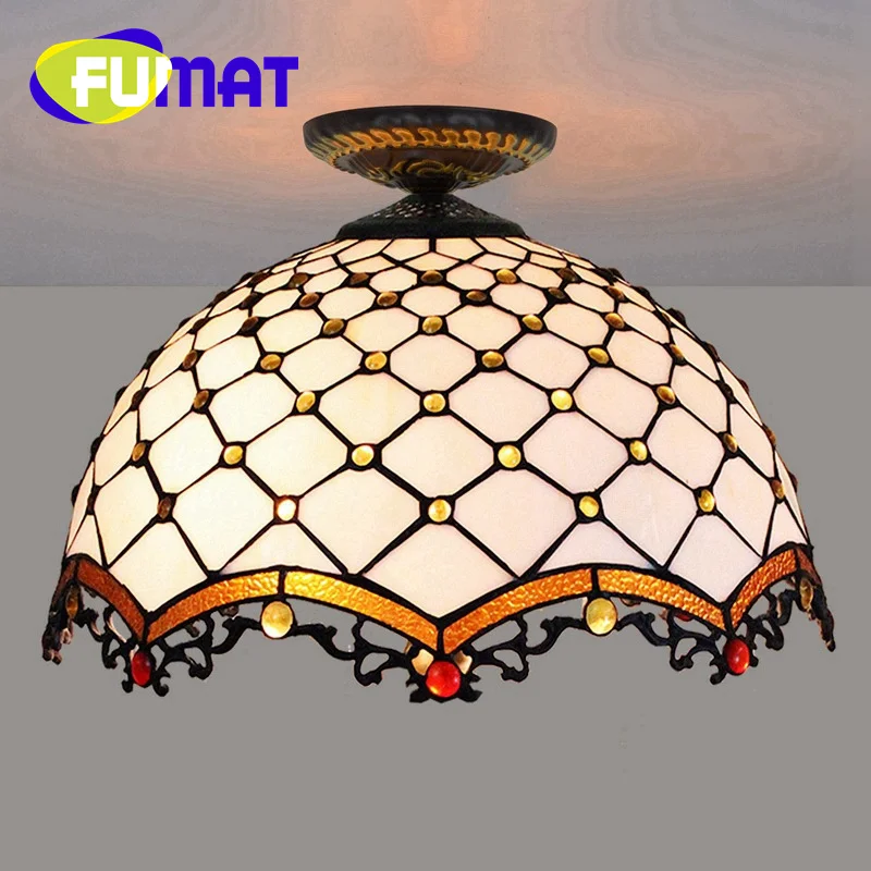 FUMAT Tiffany style stained glass White beaded 16inch chandelier ceiling light for dining room bedroom hallway LED decor