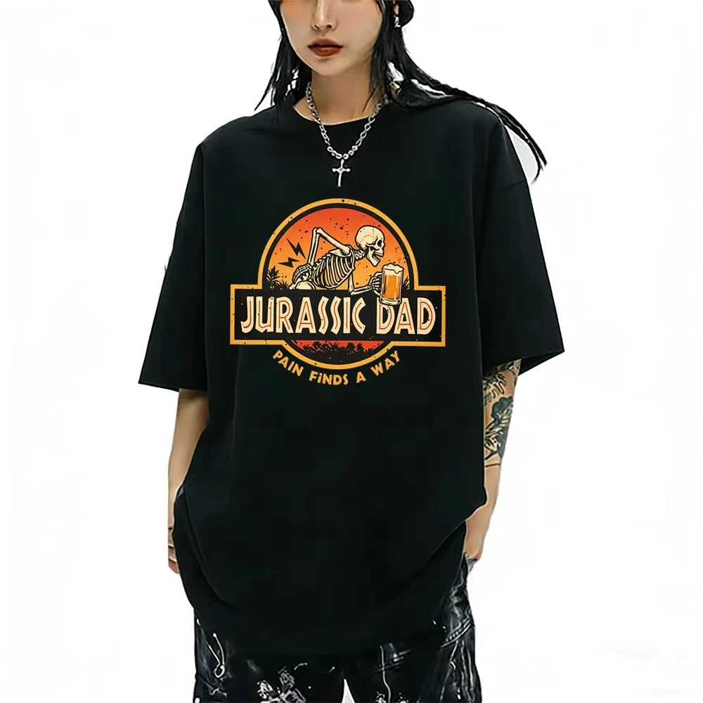 Jurassic Dad Pain Finds A Way Funny Sarcastic Skeleton Beer Graphic T-shirt Men Casual Humor T Shirts Male 100% Cotton T-shirts