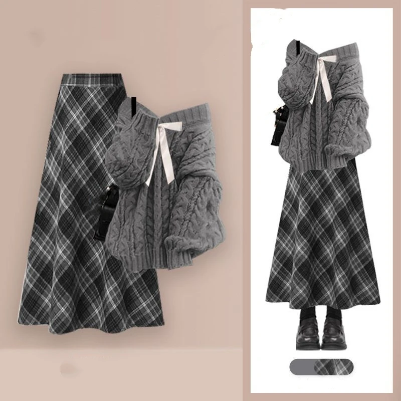 Женский осенне-зимний винтажный серый свитер, клетчатые юбки, костюмы из двух предметов, женский повседневный вязаный пуловер с v-образным вырезом, топы, юбка, наряды