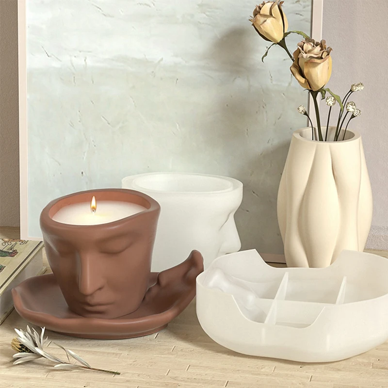 3D Art Face Gypsum Mold DIY Storage Plate Silicone Mold Home Decoration Concrete Resin Silicone Candle Cup Mold