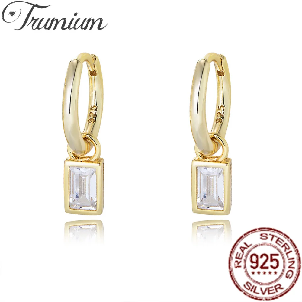 

Trumium 14K Gold Plated S925 Sterling Silver Post Lightweight Dangle Huggie Earrings for Women 5A Zircon Square Stud Earring