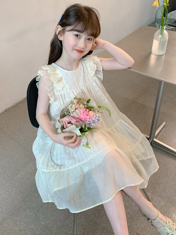 Vestido de Verão Estilo Princesa para Meninas com Acabamento em Madeira, Versão Coreana, Roupa Infantil, Nova Moda 2026, Vest...