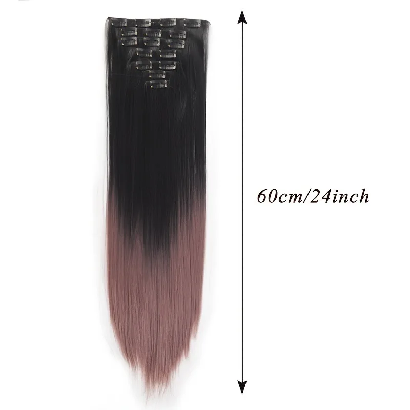 وصلات شعر بطول 24 بوصة، تسريحة شعر مستقيمة طويلة، شعر صناعي طبيعي وردي، قطعة شعر للاستخدام اليومي للنساء