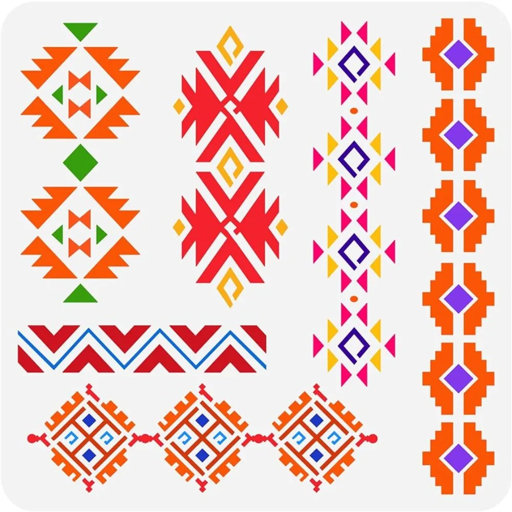 

Aztec Tribal Stencil 11.8x11.8 inch Southwest Borders Drawing Painting Stencils Plastic 6 Styles Boho Borders Pattern Stencil