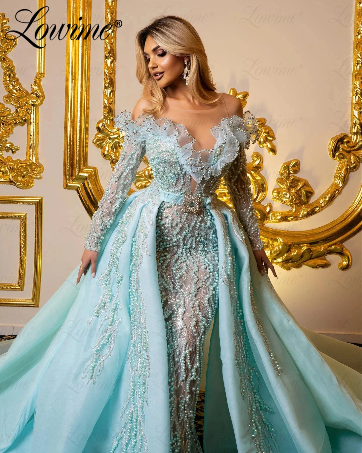 Robes De Soiree Arabic Party Prom Dress Long Sleeves Crystals Beaded Celebrity Dresses With Detachable Train Women Evening Gowns