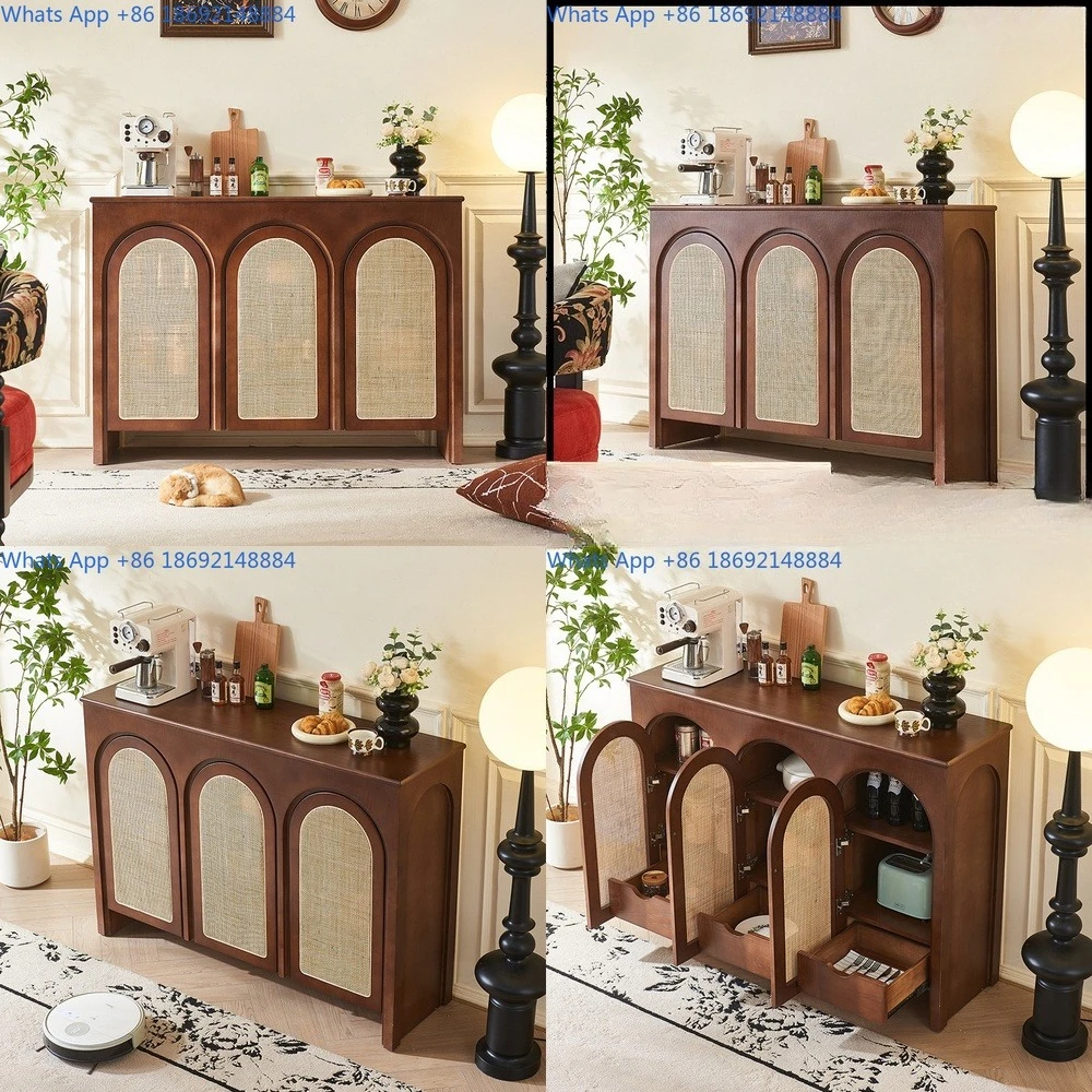

French vintage rattan cabinet for small dining room with arched door storage furniture