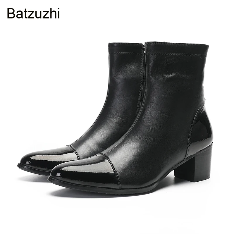 

Batzuzhi Italian Style Men's Boots Handmade Black Genuine Leather Boots Men Zip Pointed Toe Knight/Business Boots 6Cm Heels!