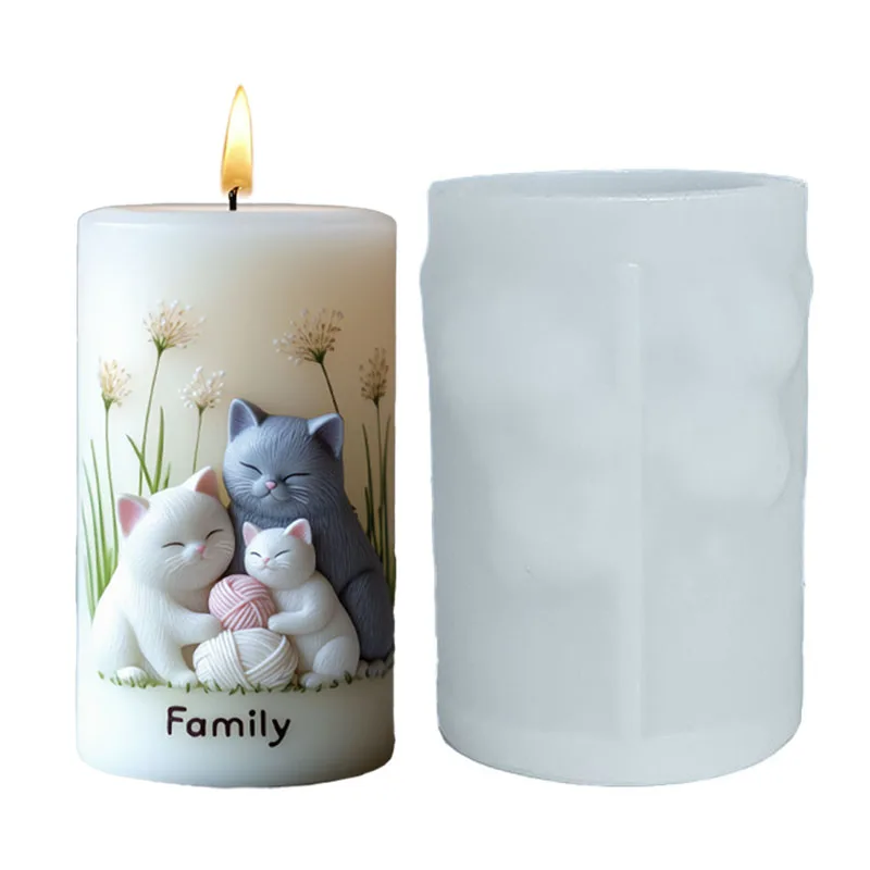 Three Cats Family Embossed Silicone Candle Mold with the Word Family, Aromatherapy DIY Tool, Heat Resistant to 230°C ℃ No Engraving Required