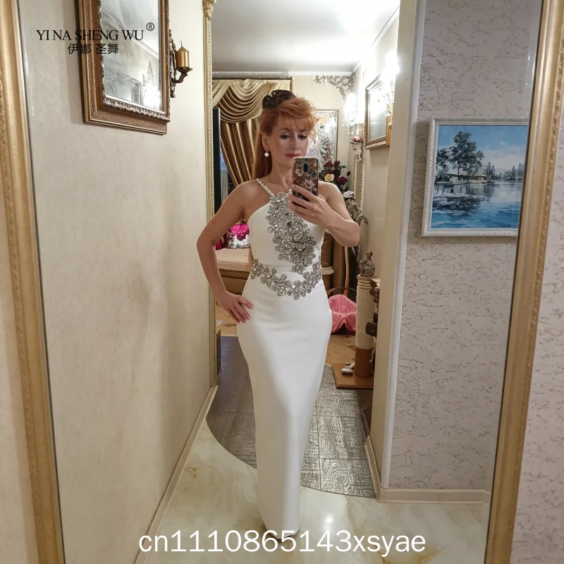 Sexy Backless Sparkly Crystal Diamonds White Bodycon Bandage Dress Women Celebrity Elegant Evening Club Party Birthday Dresses