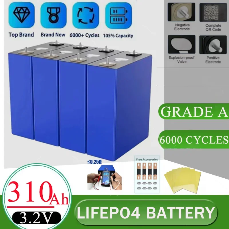 LiFePO4 3.2V 310Ah Battery Cell Grade A 6000+ Cycle Free Busbar Real 320Ah 330Ah For DIY 12V 24V 48V Lithium Battery Pack NO TAX