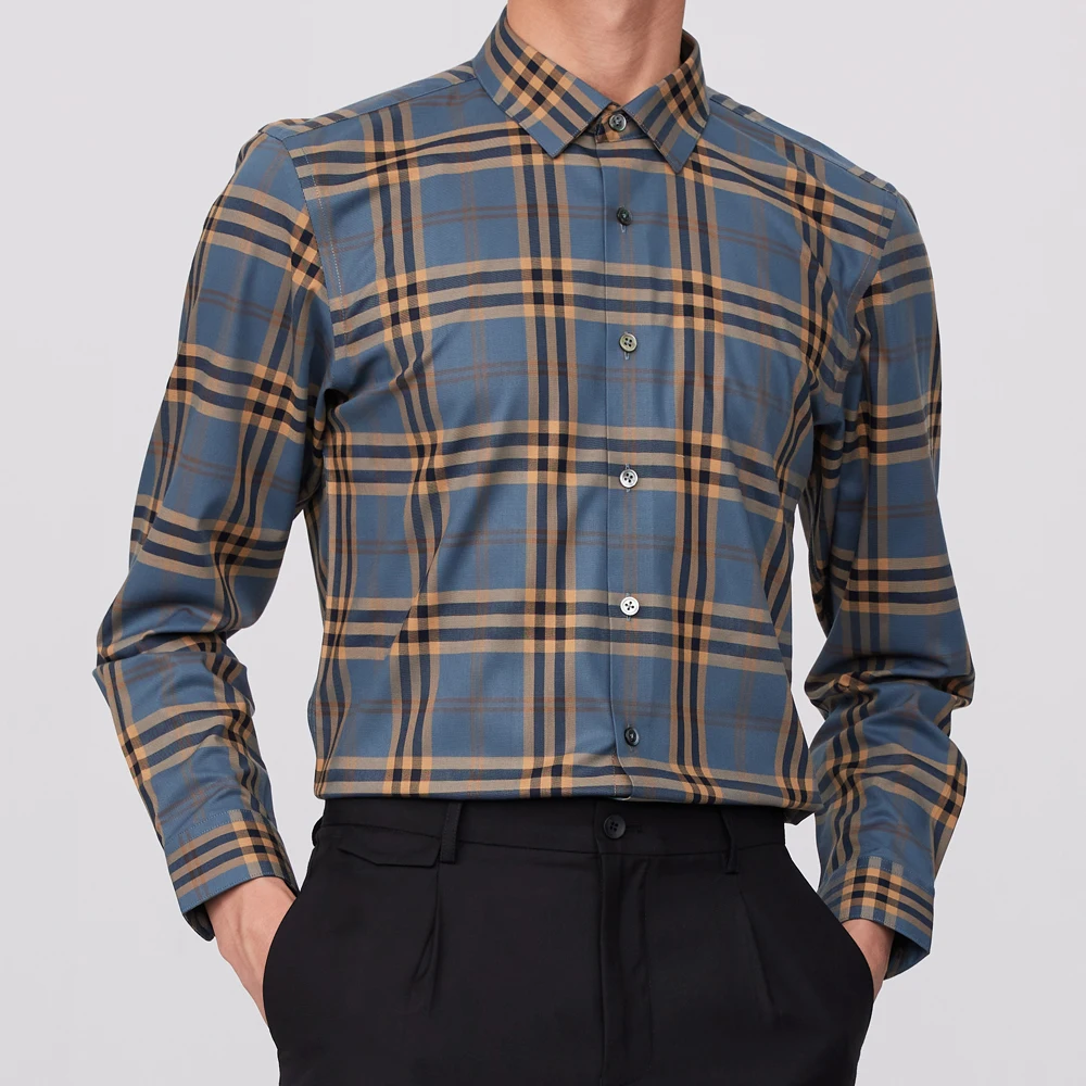 Men's Slight Strech Contrast Plaid Checkered Shirts Without Pocket Comfortable Standard-fit Bamboo Fiber Long Sleeve Dress Shirt