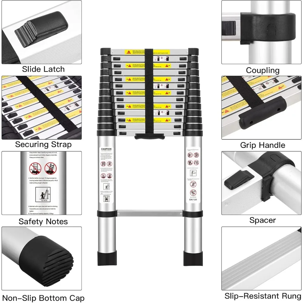 Scala di estensione pieghevole multiuso in alluminio, telescopica da 15 piedi/4,5 metri, standard EN131