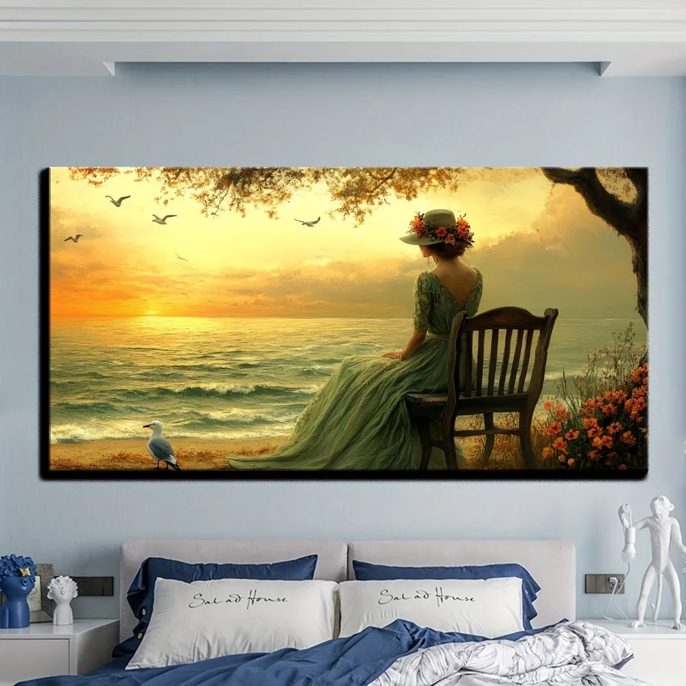 1 canvas painting, wood frame, depicting a peaceful sunset scene by the sea, pine solid wood frame, thickness 1.5 inches