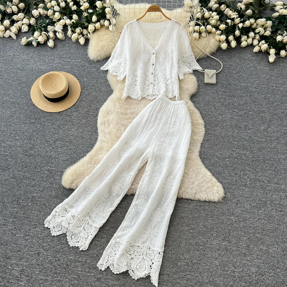

Pant Set Women Two Piece Sets V Neck Full Sleeve Lace Sexy Hollow Out Top Wide Leg Long Pants High Waist Y2k Streetwear Elegant