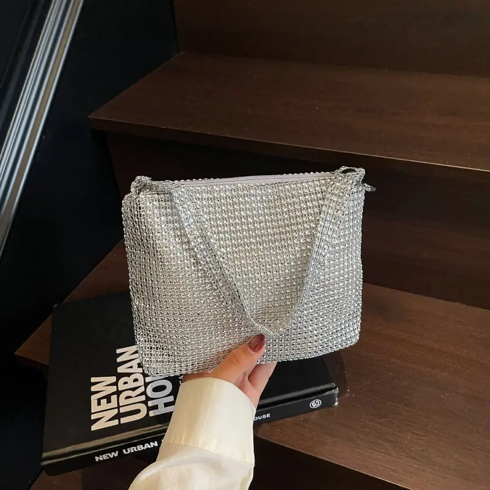 

Retro Large Capacity Rhinestone Handbag Zipper Shiny Small Square Bag Blingbling Purse Cloth Shoulder Bag Party